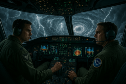 Pilots navigating aircraft through intense lightning storm