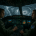 Pilots navigating aircraft through intense lightning storm