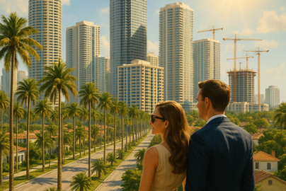 Couple overlooking palm-lined boulevard and modern skyline