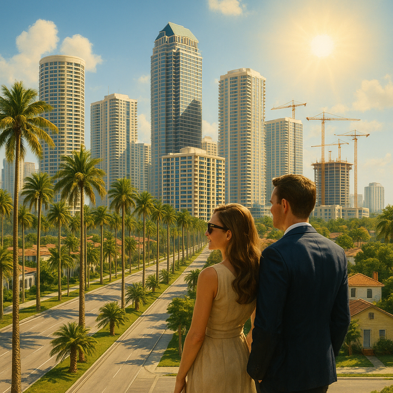 Couple overlooking palm-lined boulevard and modern skyline