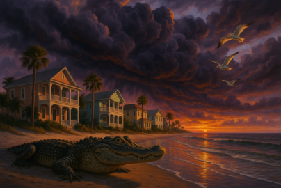 Alligator on beach at dramatic sunset