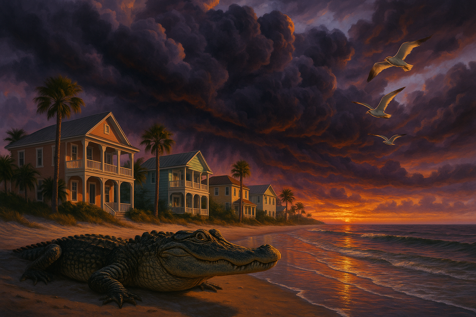 Alligator on beach at dramatic sunset
